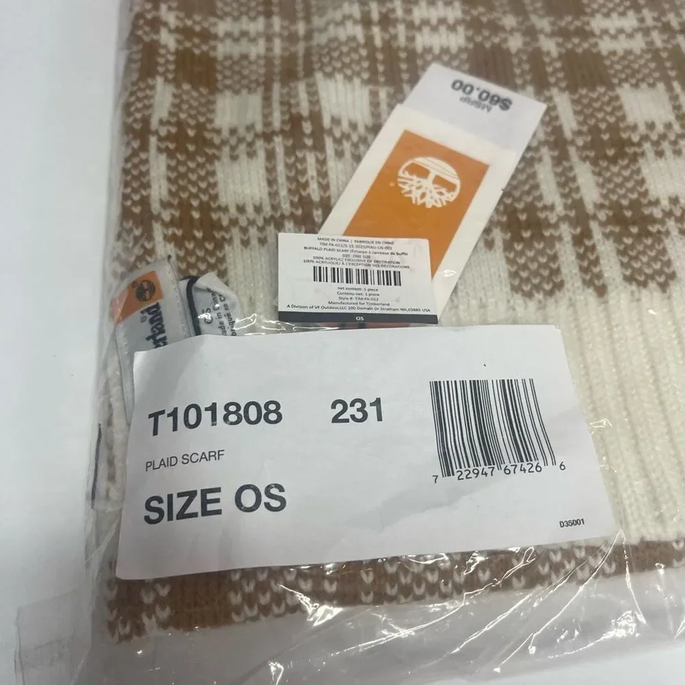 Timberland Scarf Buffalo Plaid 100% Acrylic Beige Off-White